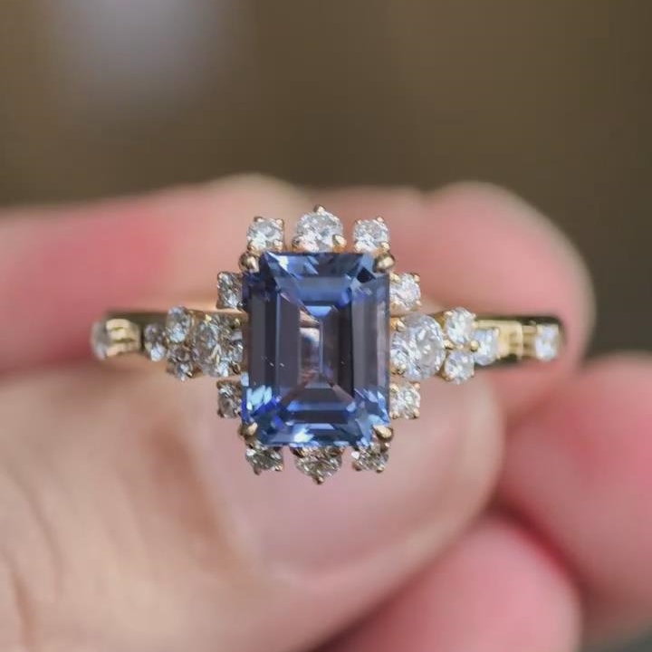 Emerald Cut Sapphire Blue 925 Sterling Silver Yellow Gold Halo Engagement Ring