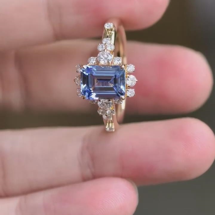 Emerald Cut Sapphire Blue 925 Sterling Silver Yellow Gold Halo Engagement Ring