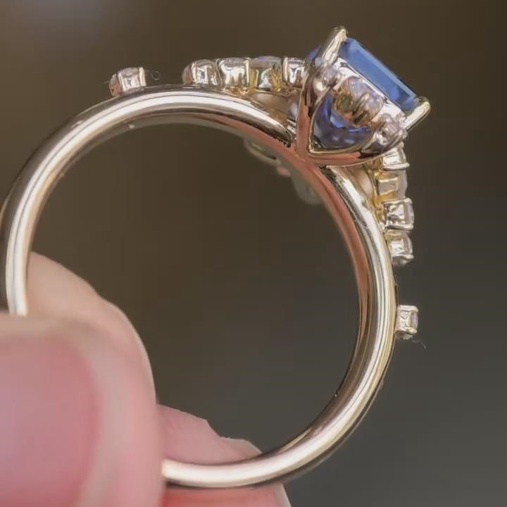 Emerald Cut Sapphire Blue 925 Sterling Silver Yellow Gold Halo Engagement Ring