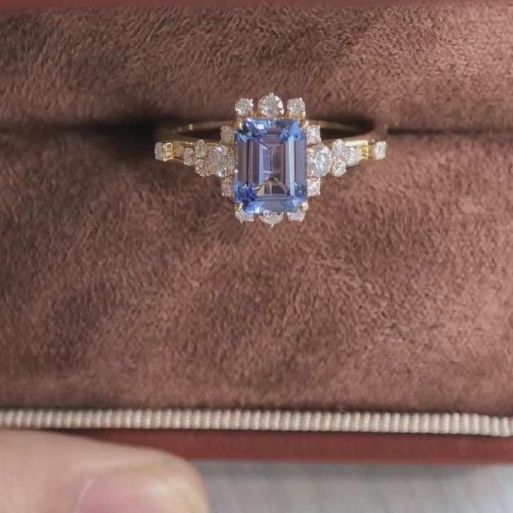 Emerald Cut Sapphire Blue 925 Sterling Silver Yellow Gold Halo Engagement Ring