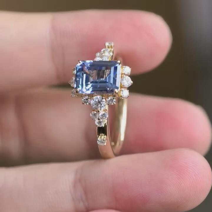 Emerald Cut Sapphire Blue 925 Sterling Silver Yellow Gold Halo Engagement Ring