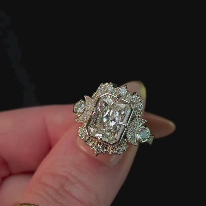 Radiant Cut Diamond White Sterling Silver Vintage Moon Halo Engagement Ring