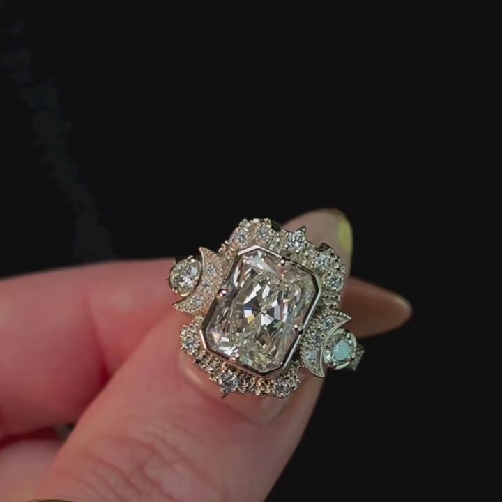Radiant Cut Diamond White Sterling Silver Vintage Moon Halo Engagement Ring