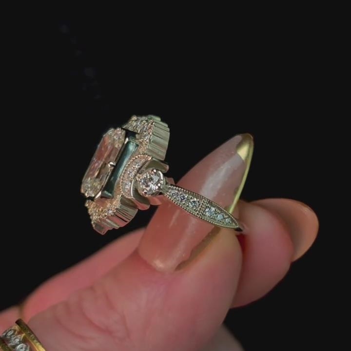 Radiant Cut Diamond White Sterling Silver Vintage Moon Halo Engagement Ring