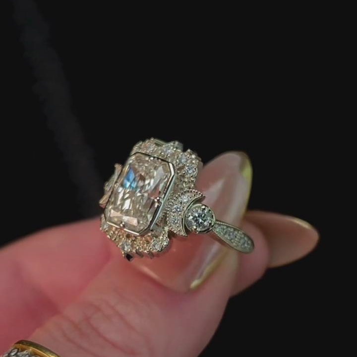 Radiant Cut Diamond White Sterling Silver Vintage Moon Halo Engagement Ring