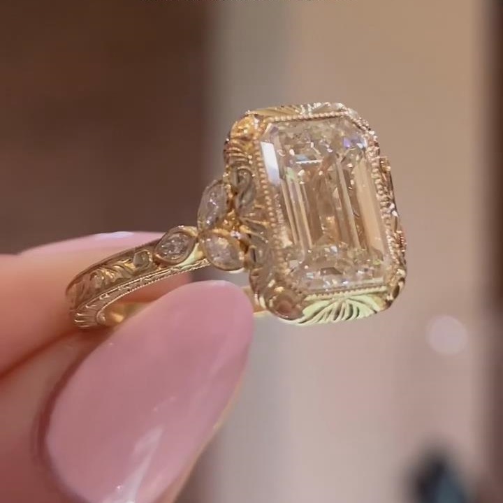 Vintage Emerald Cut Diamond White 925 Sterling Silver Yellow Gold Engagement Ring