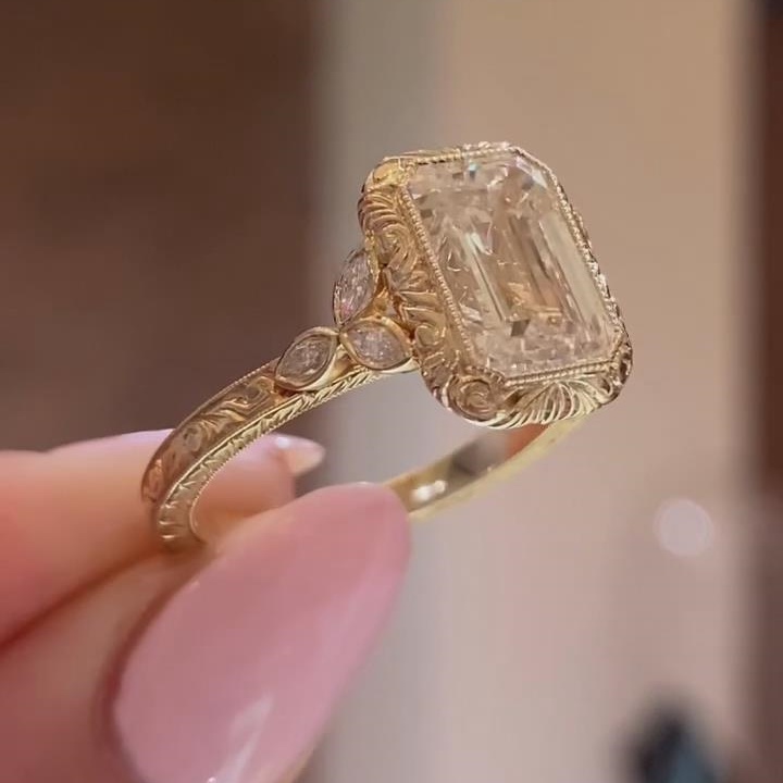 Vintage Emerald Cut Diamond White 925 Sterling Silver Yellow Gold Engagement Ring