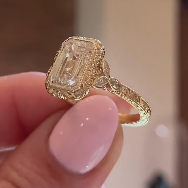 Vintage Emerald Cut Diamond White 925 Sterling Silver Yellow Gold Engagement Ring