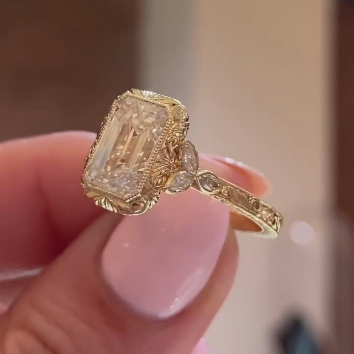 Vintage Emerald Cut Diamond White 925 Sterling Silver Yellow Gold Engagement Ring