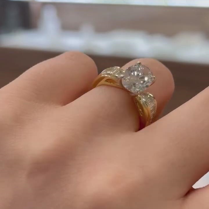 Oval Cut Diamond White Sterling Silver Yellow Gold Engagement Ring