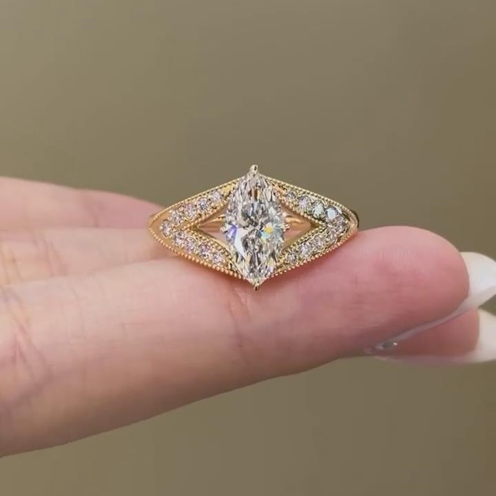 Marquise Cut Diamond White Sterling Silver Yellow Gold Split Shank Engagement Ring