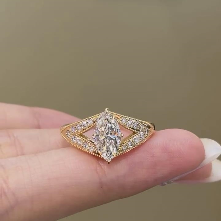 Marquise Cut Diamond White Sterling Silver Yellow Gold Split Shank Engagement Ring