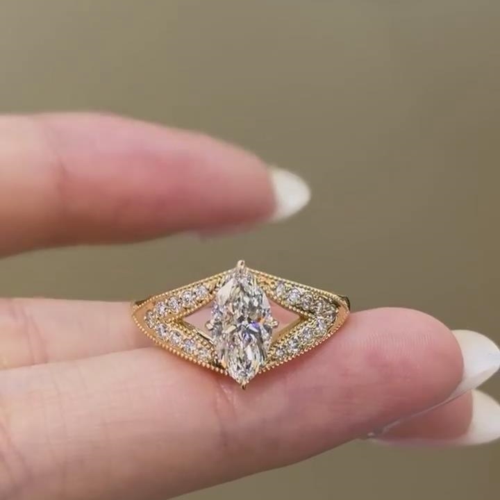 Marquise Cut Diamond White Sterling Silver Yellow Gold Split Shank Engagement Ring