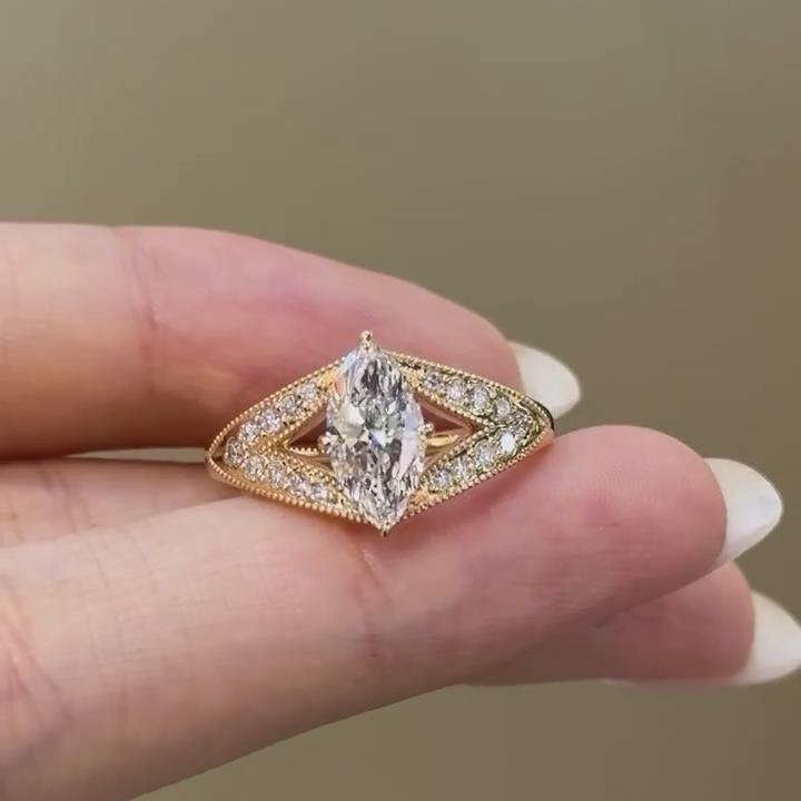 Marquise Cut Diamond White Sterling Silver Yellow Gold Split Shank Engagement Ring