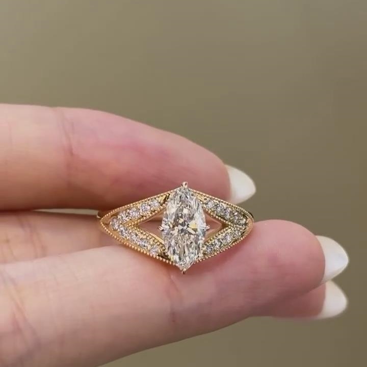 Marquise Cut Diamond White Sterling Silver Yellow Gold Split Shank Engagement Ring