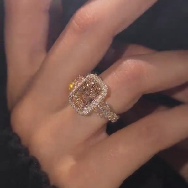 Vintage Radiant Cut Champagne Sterling Silver Yellow Gold Halo Engagement Ring