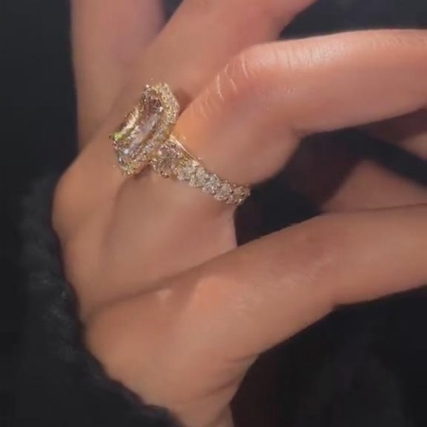 Vintage Radiant Cut Champagne Sterling Silver Yellow Gold Halo Engagement Ring