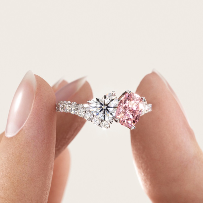Two Stone Fancy Pink and Diamond White Sterling Silver Toi et Moi Ring