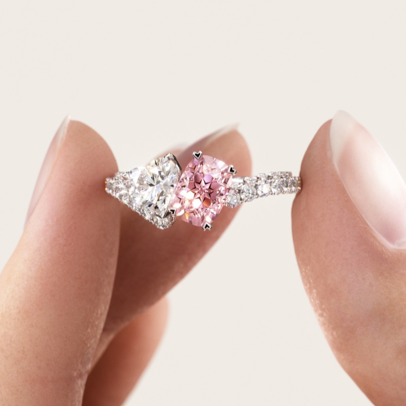 Two Stone Fancy Pink and Diamond White Sterling Silver Toi et Moi Ring