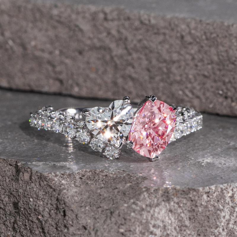 Two Stone Fancy Pink and Diamond White Sterling Silver Toi et Moi Ring