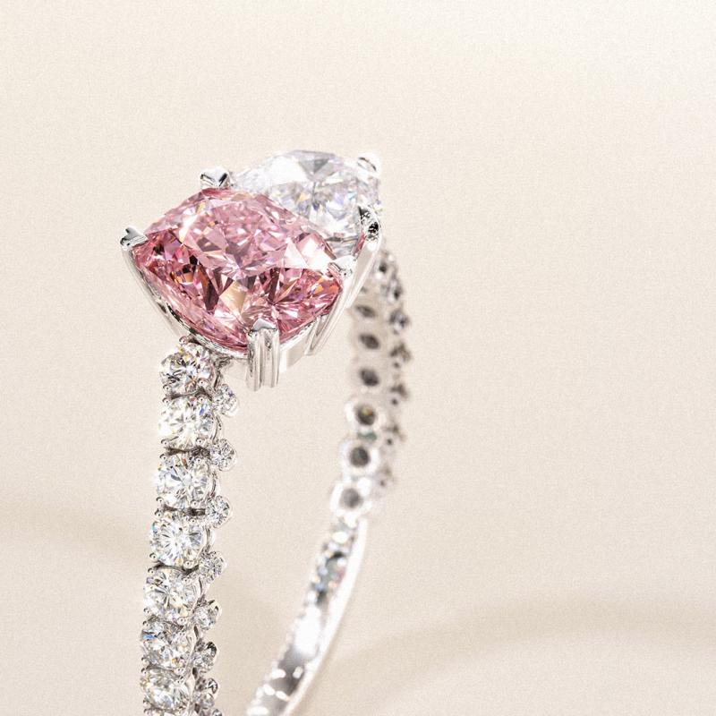 Two Stone Fancy Pink and Diamond White Sterling Silver Toi et Moi Ring