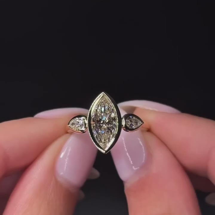 Marquise Cut Diamond White Sterling Silver Yellow Gold 3-Stone Engagement Ring