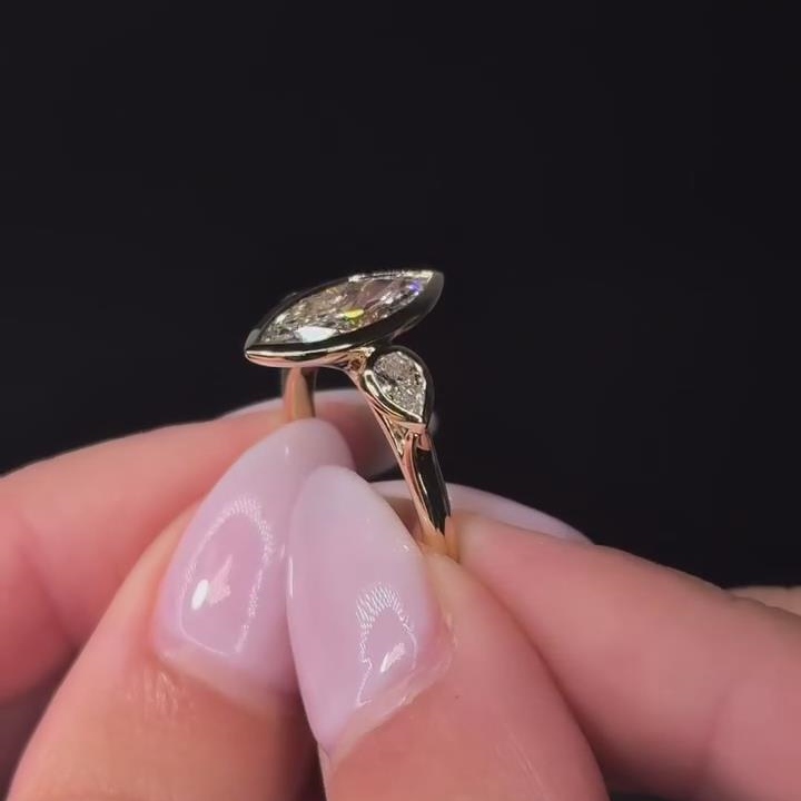 Marquise Cut Diamond White Sterling Silver Yellow Gold 3-Stone Engagement Ring