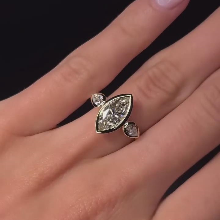 Marquise Cut Diamond White Sterling Silver Yellow Gold 3-Stone Engagement Ring