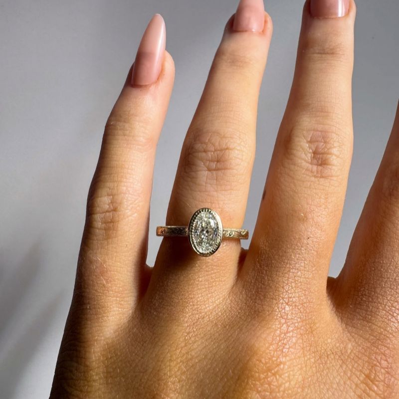 Oval Cut Diamond White Sterling Silver Yellow Gold Vintage Engagement Ring