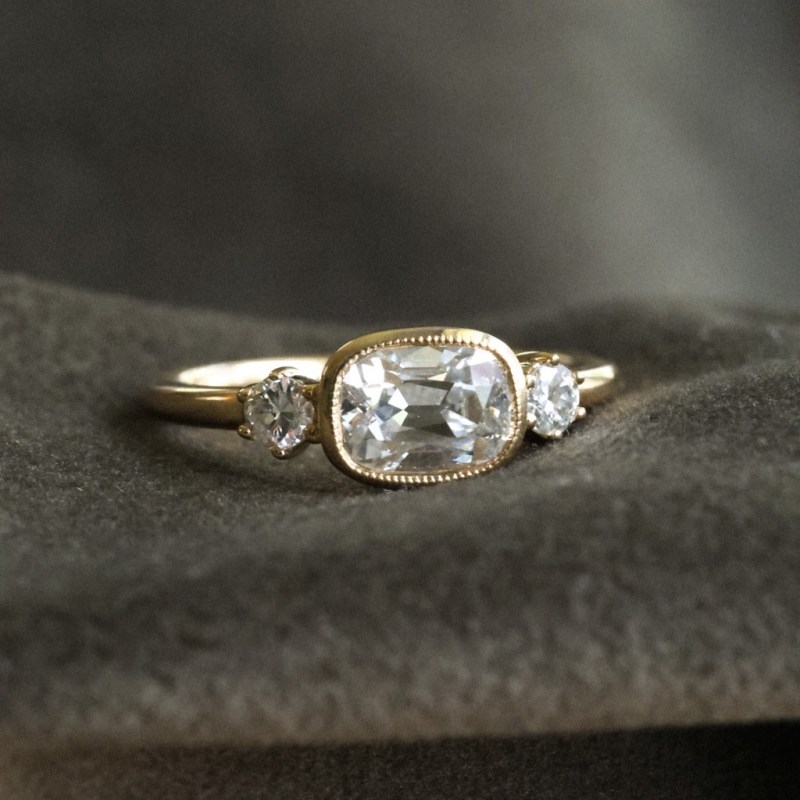 Vintage Cushion Cut Diamond White Sterling Silver Yellow Gold 3-Stone Engagement Ring