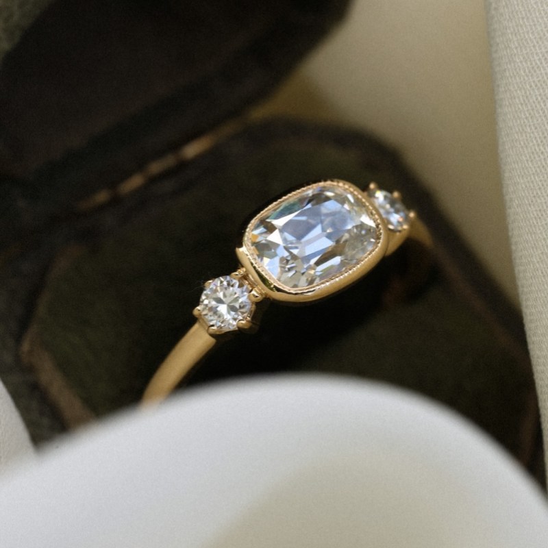 Vintage Cushion Cut Diamond White Sterling Silver Yellow Gold 3-Stone Engagement Ring