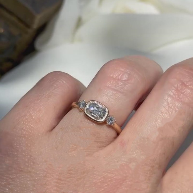 Vintage Cushion Cut Diamond White Sterling Silver Yellow Gold 3-Stone Engagement Ring