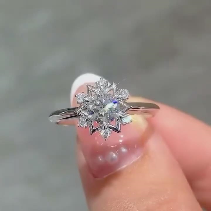 Round Cut Diamond White Sterling Silver Snowflake Halo Engagement Ring