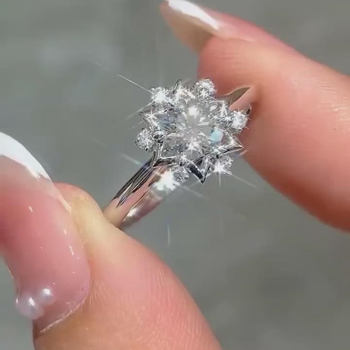 Round Cut Diamond White Sterling Silver Snowflake Halo Engagement Ring