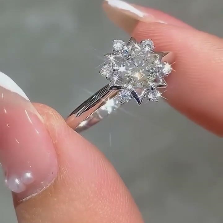 Round Cut Diamond White Sterling Silver Snowflake Halo Engagement Ring