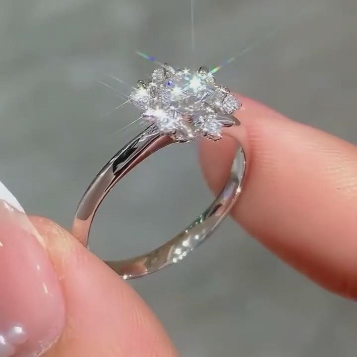 Round Cut Diamond White Sterling Silver Snowflake Halo Engagement Ring