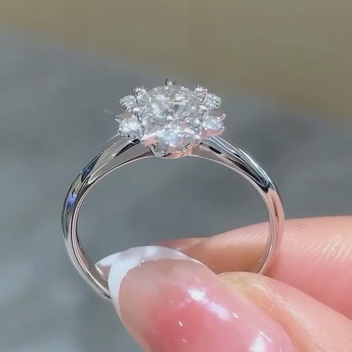 Round Cut Diamond White Sterling Silver Snowflake Halo Engagement Ring