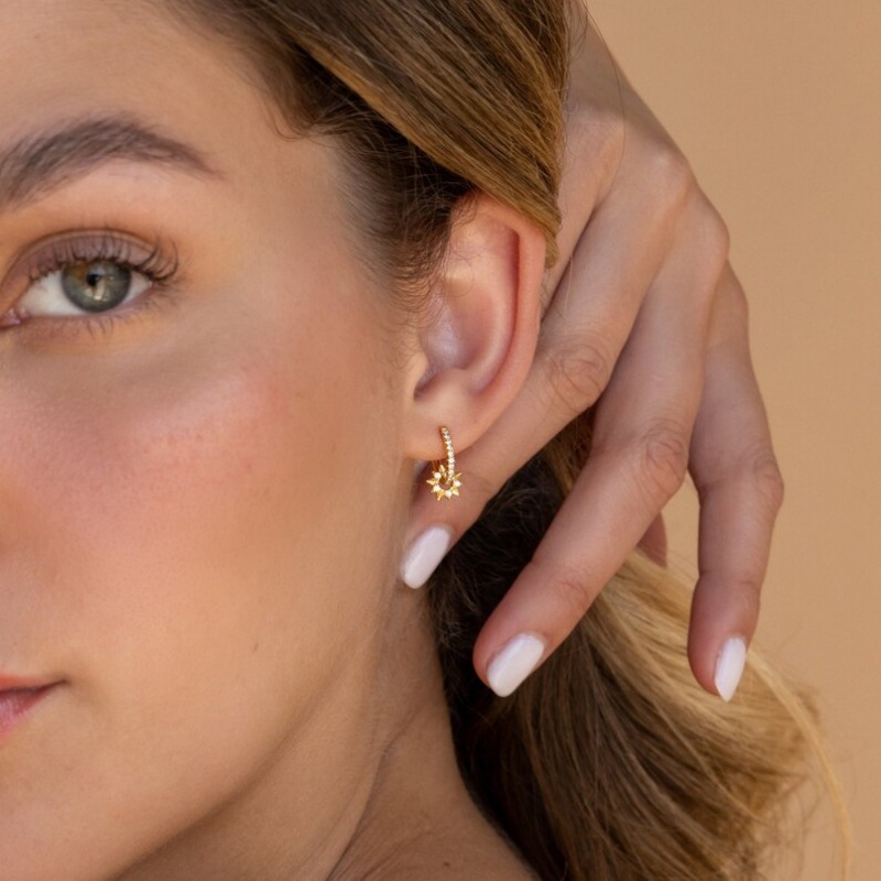 Minimalist Diamond White 925 Sterling Silver Yellow Gold Sunburst Hoop Earrings