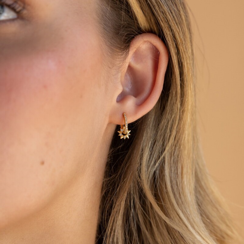 Minimalist Diamond White 925 Sterling Silver Yellow Gold Sunburst Hoop Earrings