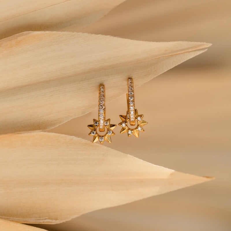 Minimalist Diamond White 925 Sterling Silver Yellow Gold Sunburst Hoop Earrings