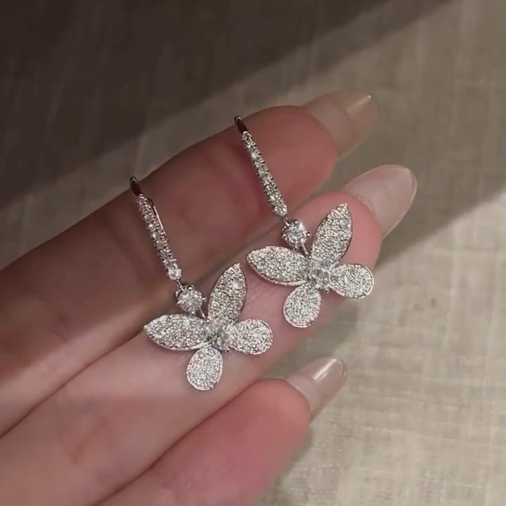 Elegant Diamond White 925 Sterling Silver Butterfly Drop Earrings