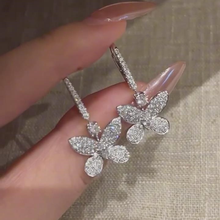 Elegant Diamond White 925 Sterling Silver Butterfly Drop Earrings