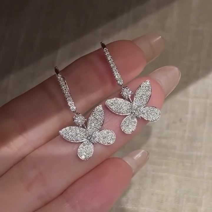 Elegant Diamond White 925 Sterling Silver Butterfly Drop Earrings