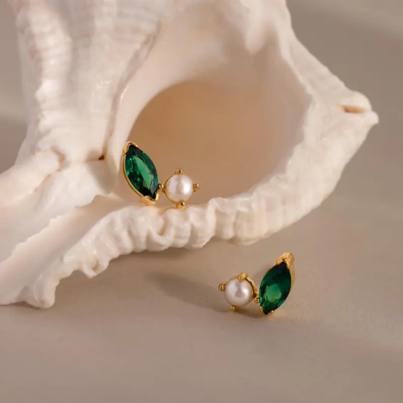 Minimalist Pearl & Marquise Birthstone Toi et Moi Sterling Silver Yellow Gold Stud Earrings