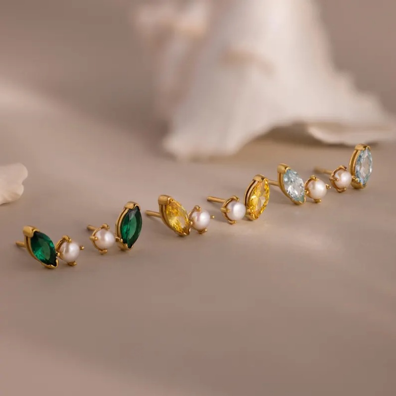 Minimalist Pearl & Marquise Birthstone Toi et Moi Sterling Silver Yellow Gold Stud Earrings