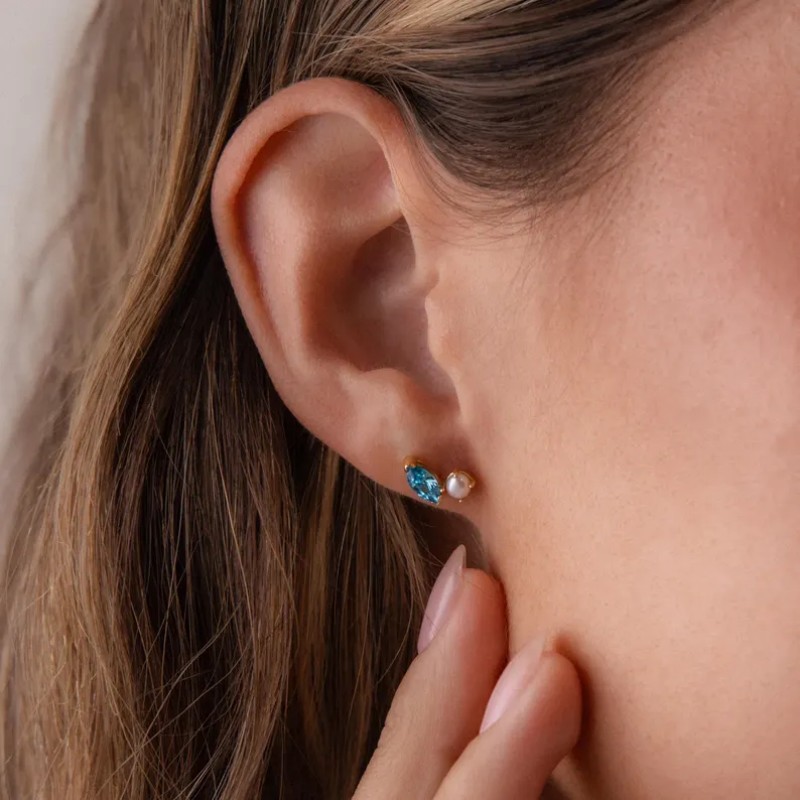 Minimalist Pearl & Marquise Birthstone Toi et Moi Sterling Silver Yellow Gold Stud Earrings