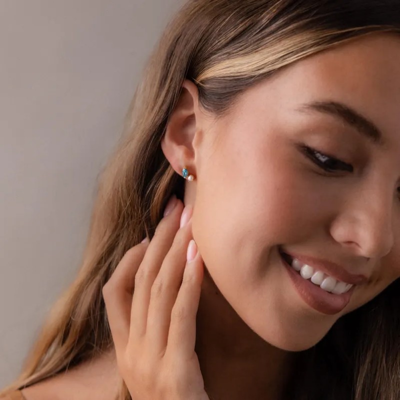 Minimalist Pearl & Marquise Birthstone Toi et Moi Sterling Silver Yellow Gold Stud Earrings