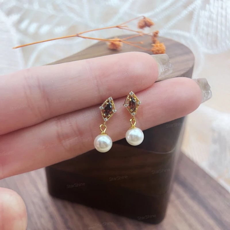Cushion Cut Chocolate 925 Sterling Silver Yellow Gold Drop Earrings