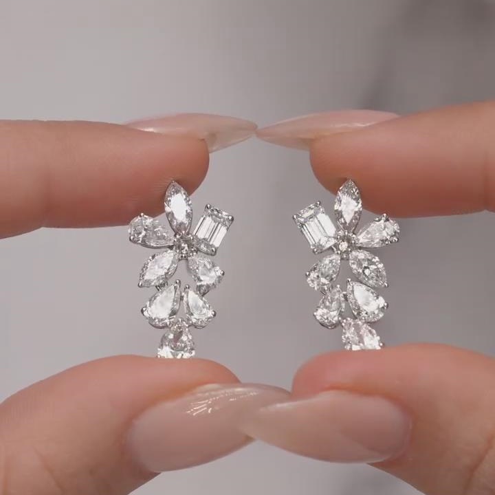 Elegant Diamond White 925 Sterling Silver Floral Drop Earrings