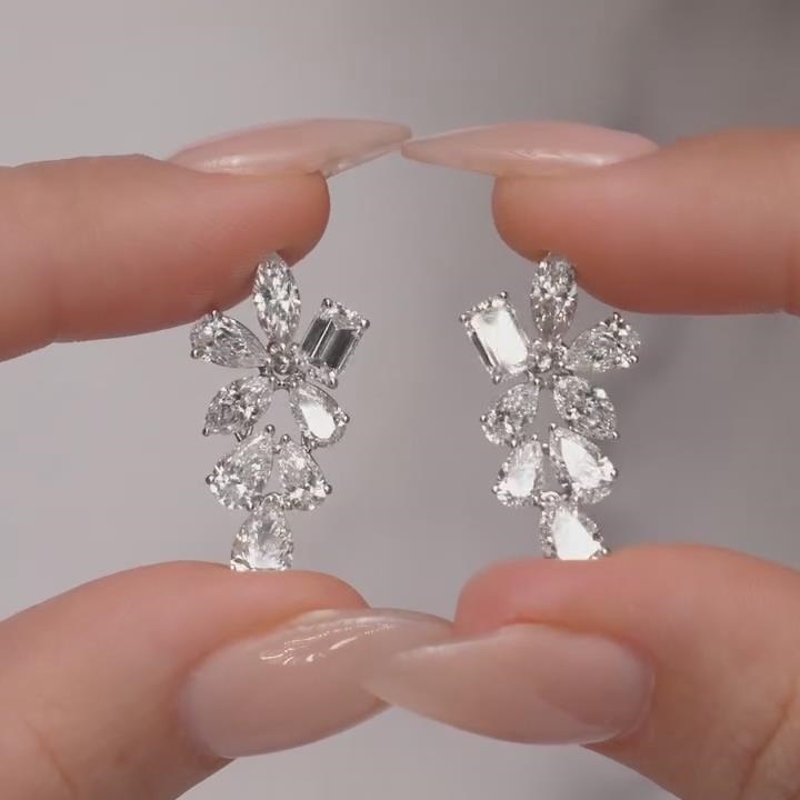 Elegant Diamond White 925 Sterling Silver Floral Drop Earrings